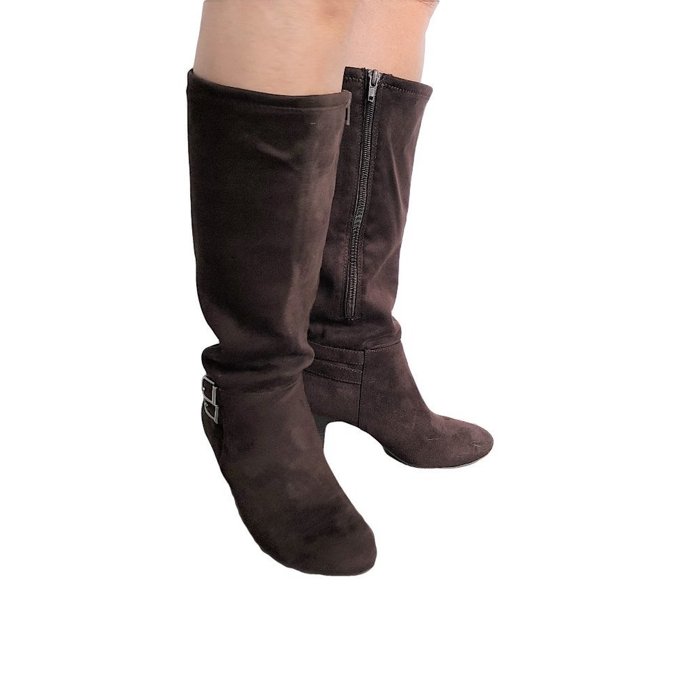 Dark Brown Faux Suede Wide Calf Heeled Boot 8